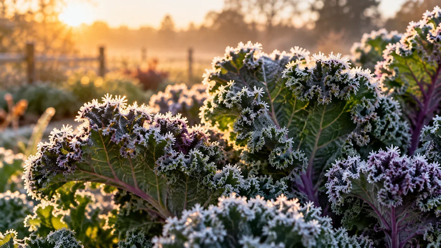 Frosted kale leaves with ice crystals in low sunrise light