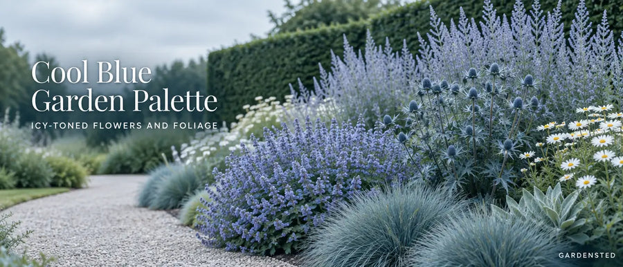 Cool Blue Garden Palette: icy-toned flowers and foliage in a serene blue and silver backyard border