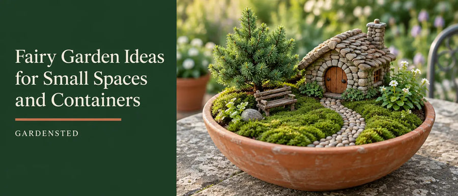 Miniature fairy garden in a terracotta bowl with moss lawn, pebble path and stone cottage, with the title Fairy Garden Ideas for Small Spaces and Containers
