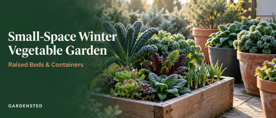 Small-space winter vegetable garden with a raised bed and containers of kale, chard and spinach on a frosty patio