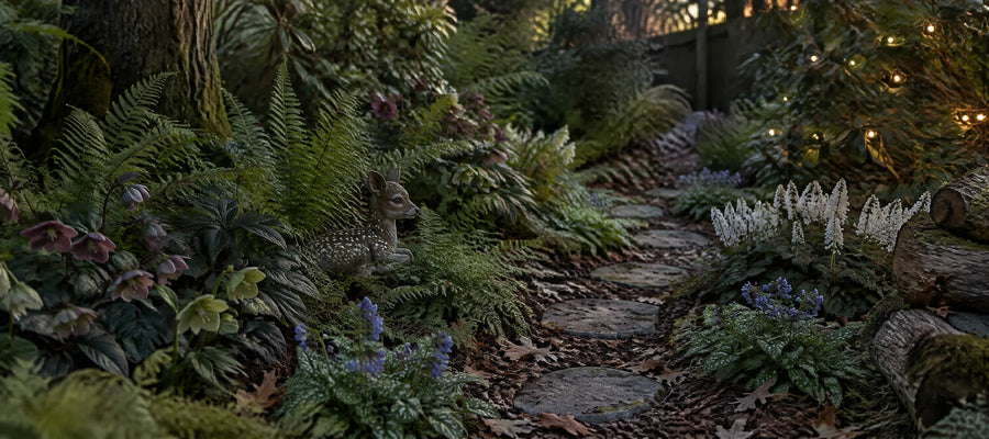Woodland-style backyard garden with a fawn statue among ferns, a stone path and soft warm lights at dusk