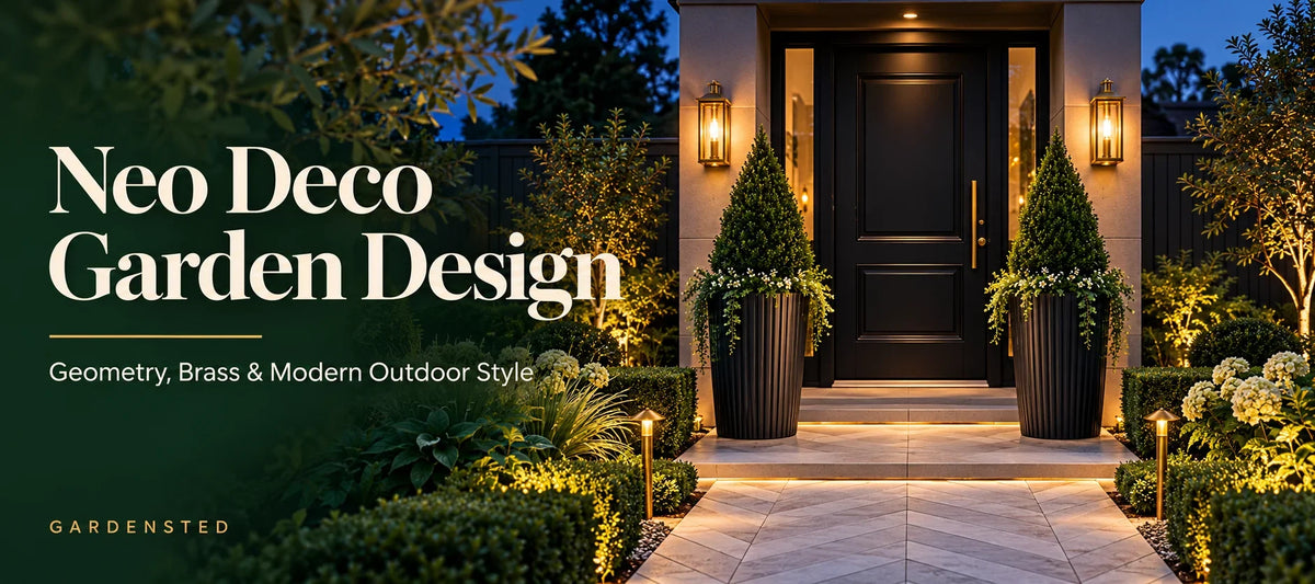 Neo Deco Garden Design: Geometric Patterns, Brass Accents & Modern Outdoor Style