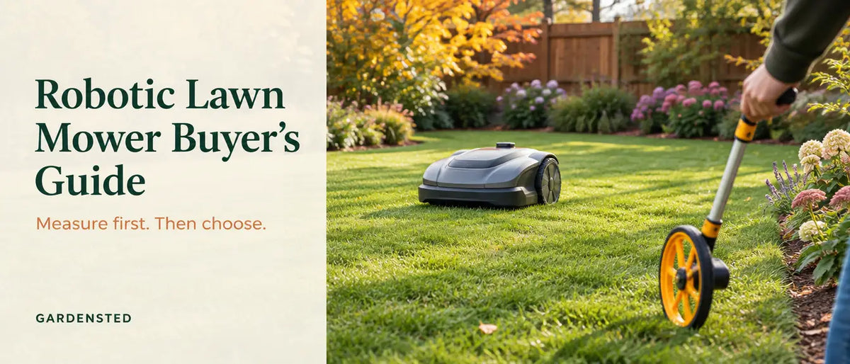 Robotic lawn mower on a backyard lawn with the headline Robotic Lawn Mower Buyer's Guide