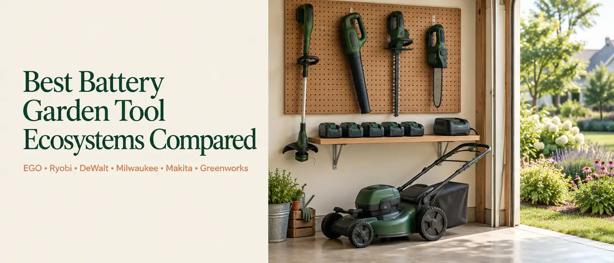 Garage wall of cordless yard tools sharing one battery type, with the title Best Battery Garden Tool Ecosystems Compared