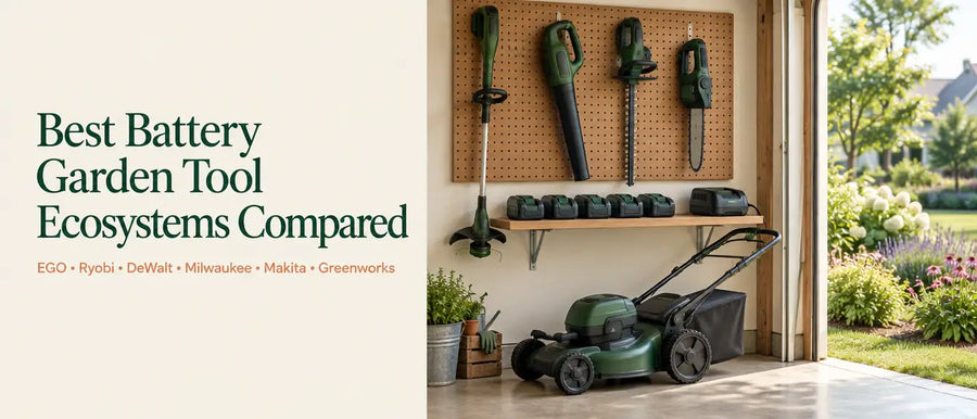 Garage wall of cordless yard tools sharing one battery type, with the title Best Battery Garden Tool Ecosystems Compared