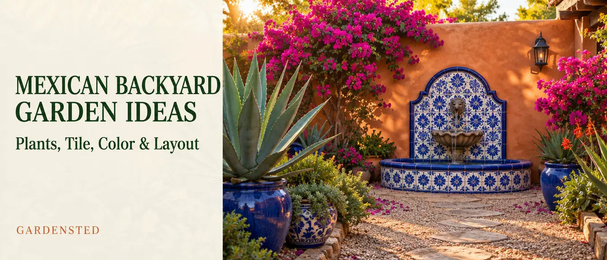 Mexican backyard garden ideas cover: terracotta courtyard with tiled fountain, agave and bougainvillea