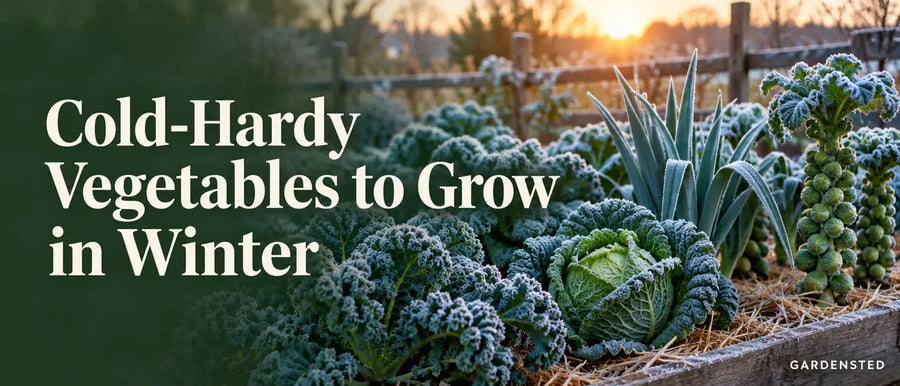 Frost-dusted winter vegetable garden with kale, cabbage and leeks at sunrise, titled Cold-Hardy Vegetables to Grow in Winter