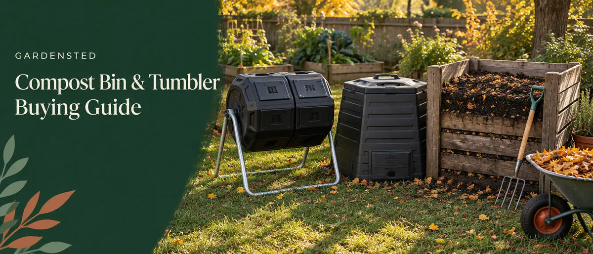 Compost bin, tumbler and wooden pallet bays in an autumn backyard with the title Compost Bin & Tumbler Buying Guide