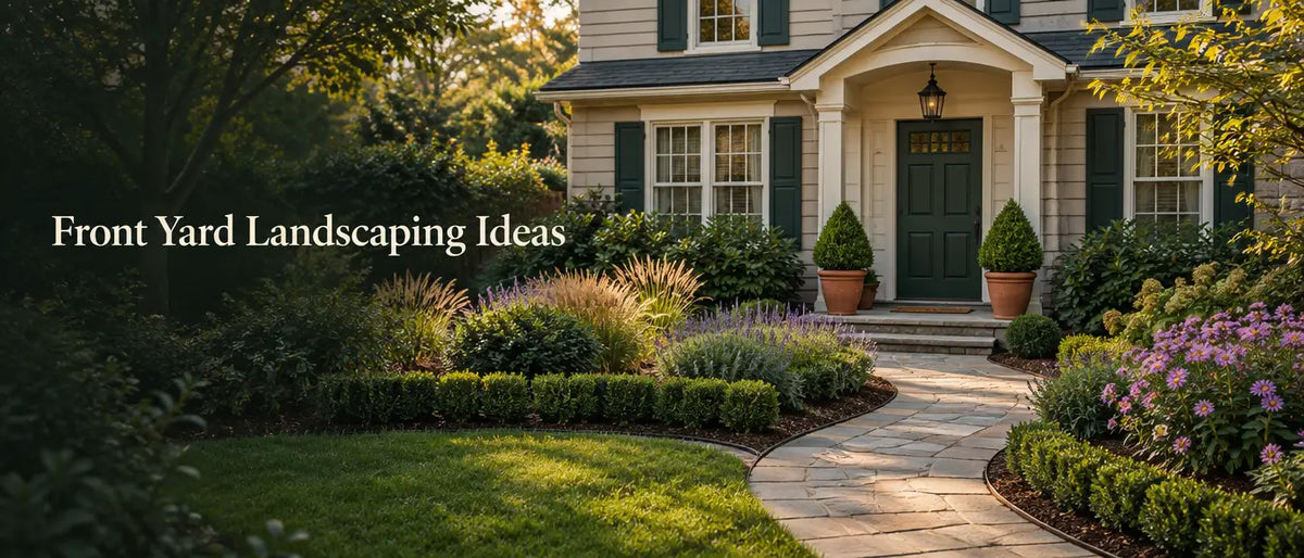 Landscaped front yard with a curved stone path, green front door and terracotta planters, with the headline Front Yard Landscaping Ideas