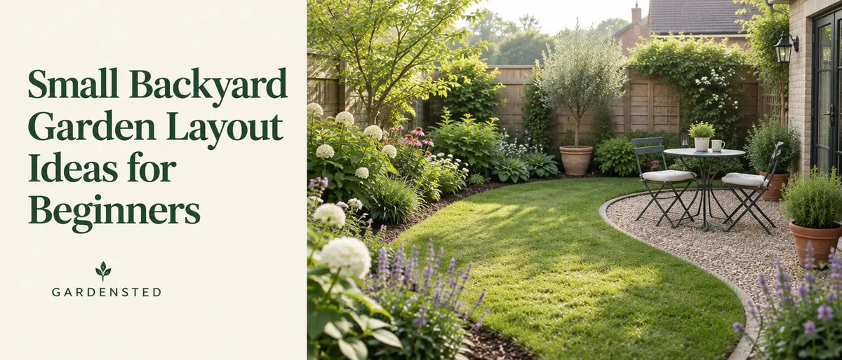 Small Backyard Garden Layout Ideas for Beginners title image with a simple backyard layout