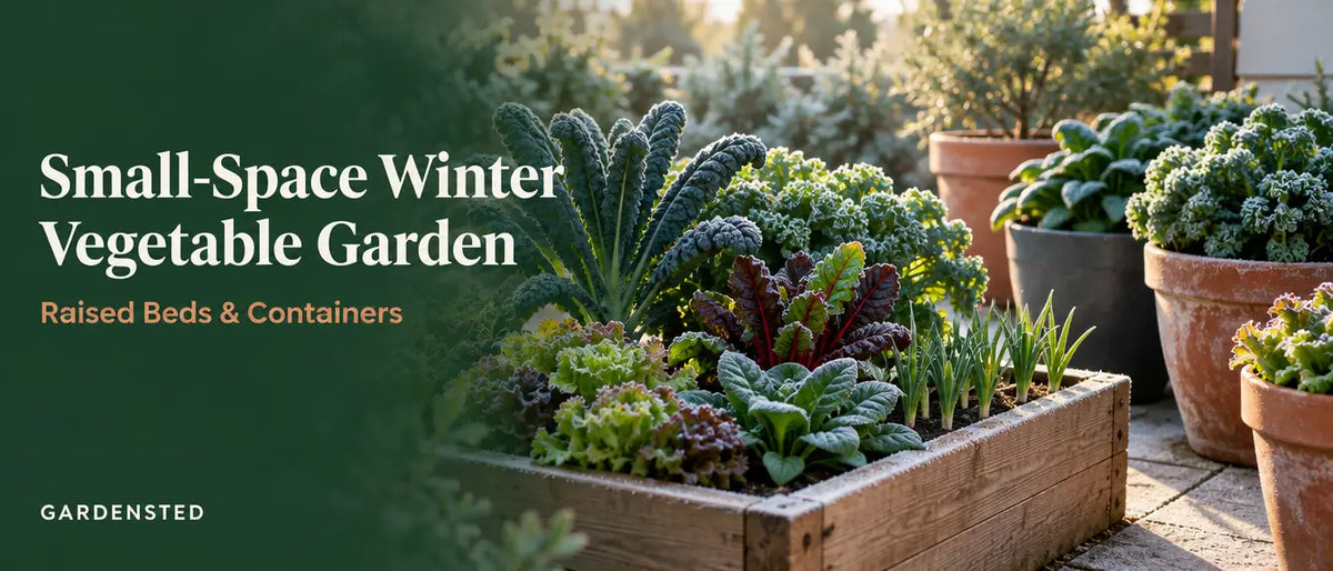 Small-space winter vegetable garden with a raised bed and containers of kale, chard and spinach on a frosty patio