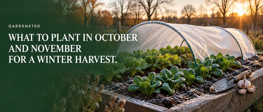 Raised bed of hardy greens under a fleece tunnel in late autumn with the title What to Plant in October and November for a Winter Harvest