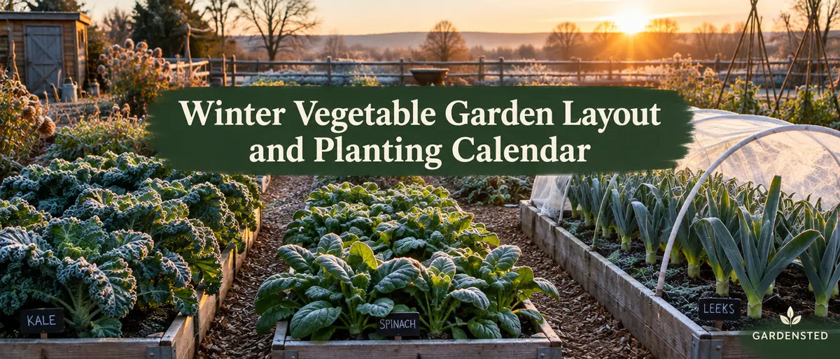 Winter vegetable garden with raised beds and a hoop tunnel, titled Winter Vegetable Garden Layout and Planting Calendar