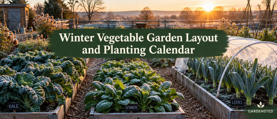 Winter vegetable garden with raised beds and a hoop tunnel, titled Winter Vegetable Garden Layout and Planting Calendar