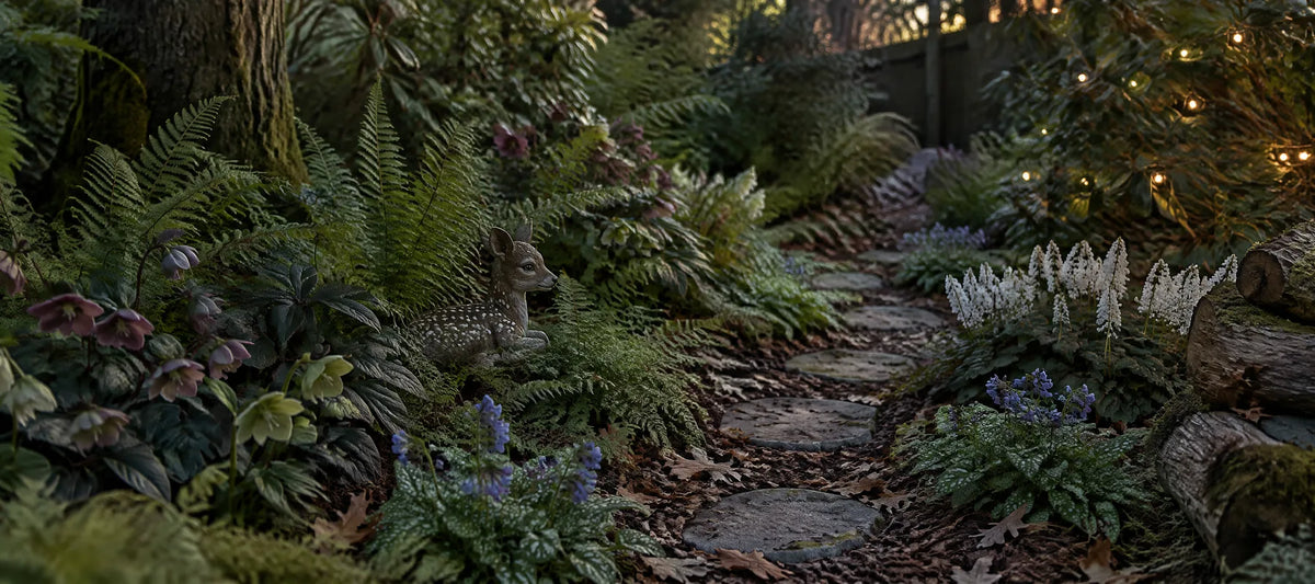 Woodland-style backyard garden with a fawn statue among ferns, a stone path and soft warm lights at dusk