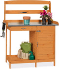 Outdoor Wooden Potting Bench with Metal Tabletop & Cabinet