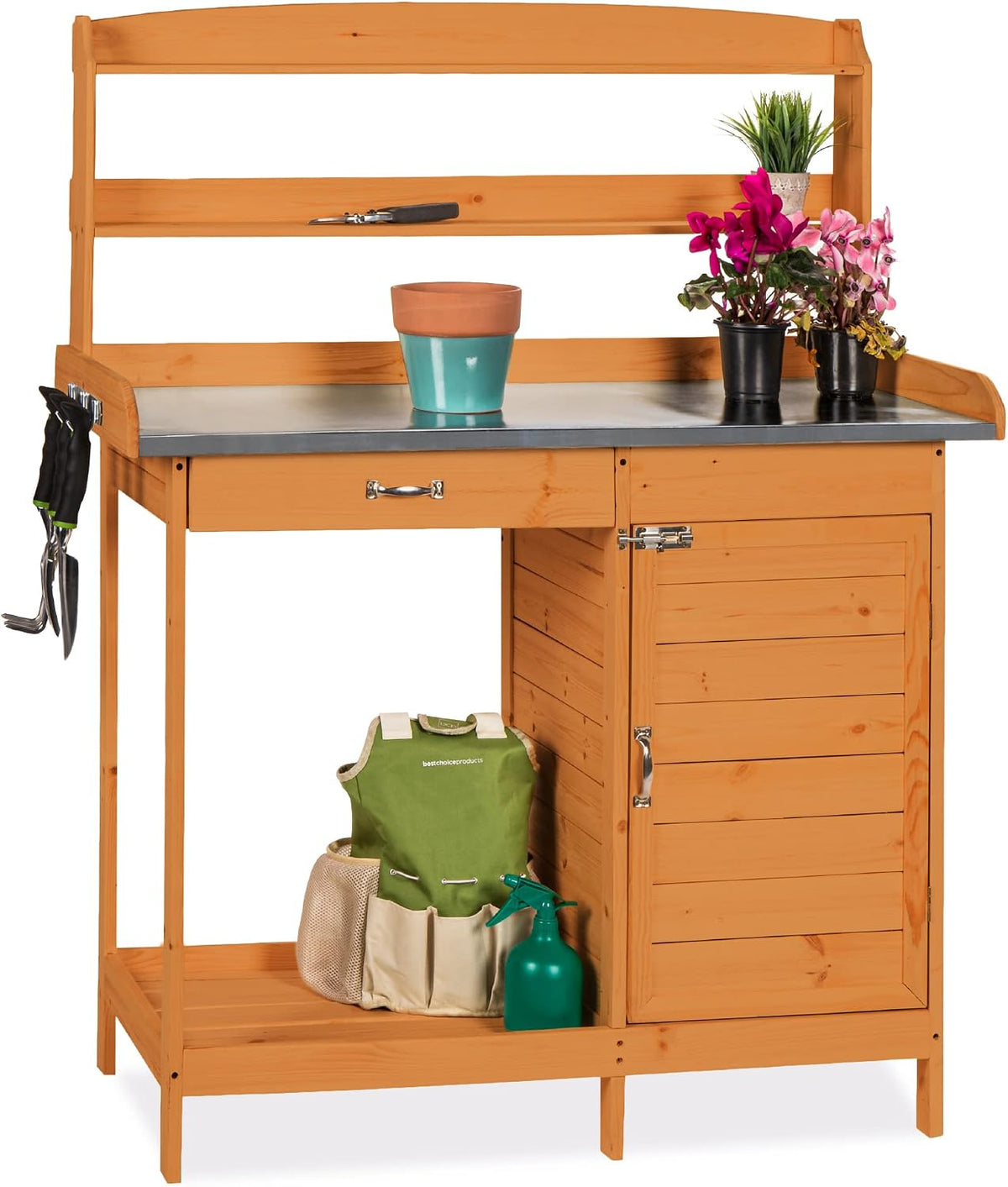 Outdoor Wooden Potting Bench with Metal Tabletop & Cabinet