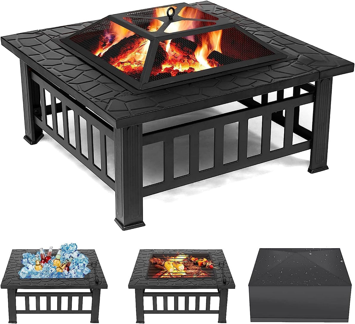 Anraja 32" Wood-Burning Fire Pit, Square Steel with Spark Screen