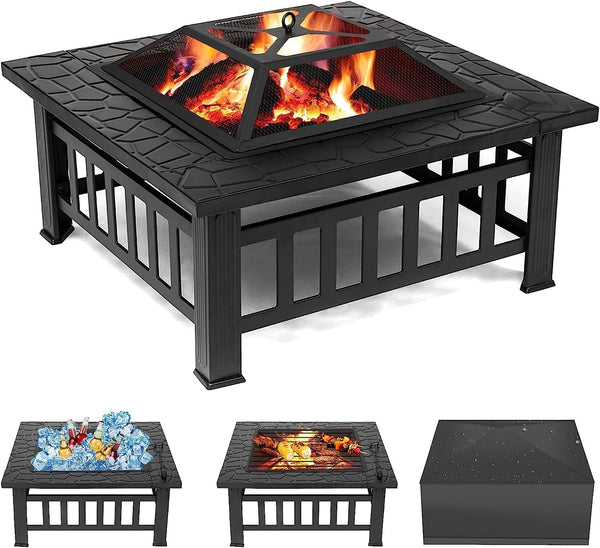Anraja 32" Wood-Burning Fire Pit, Square Steel with Spark Screen