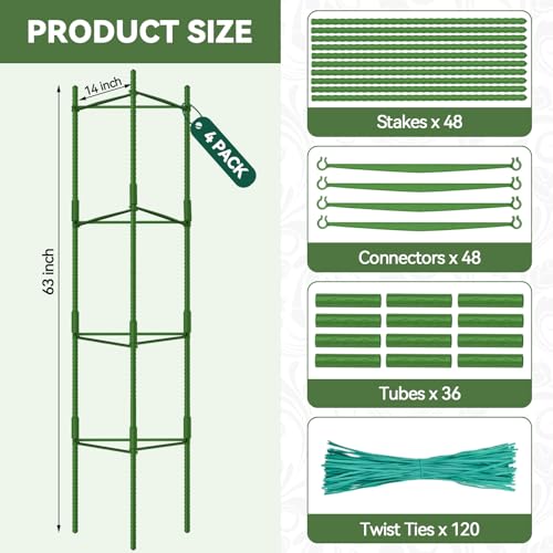 4 Pack Tomato Cages for Garden, Up to 63 inch(5.2FT)