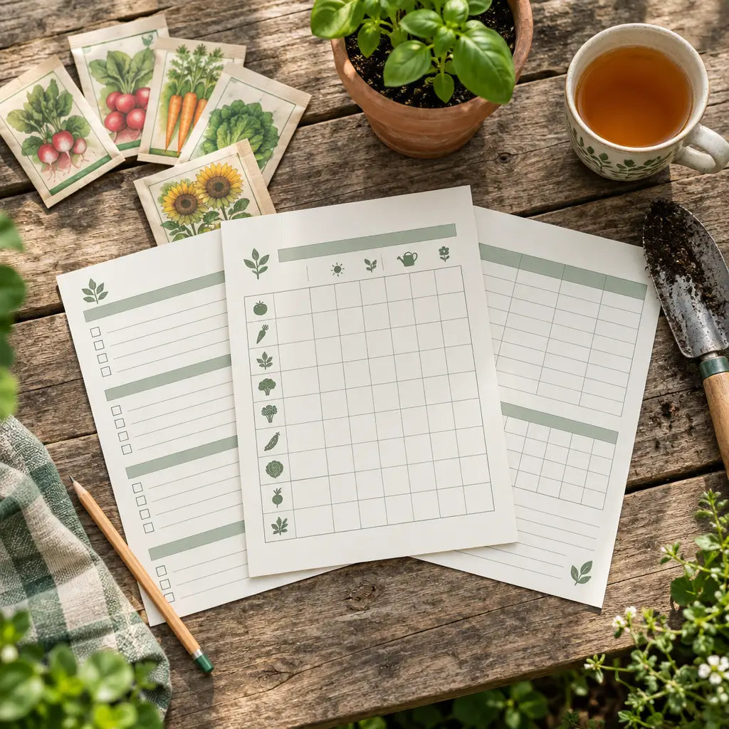 Printed garden planner pages on a garden table with seed packets and a trowel