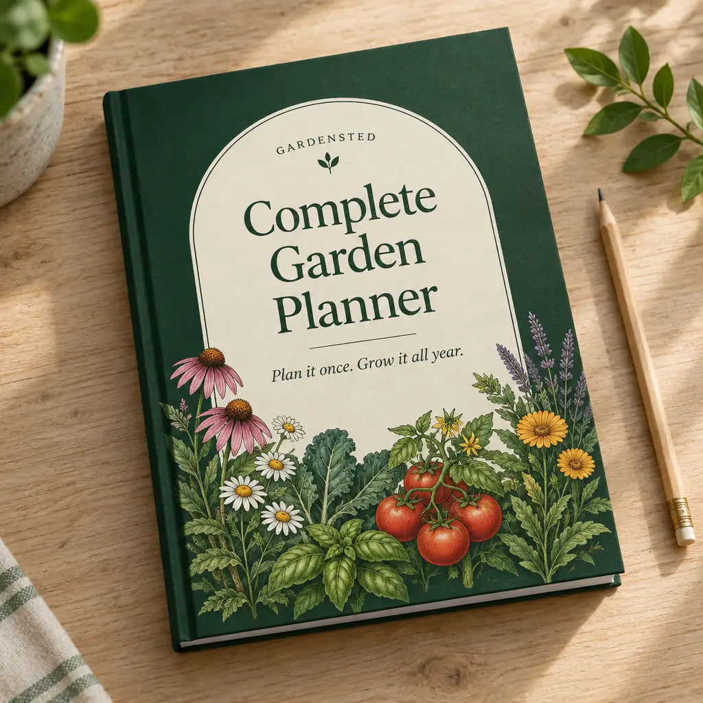 Complete Garden Planner printable PDF, dark green cover with cream arch and flowers