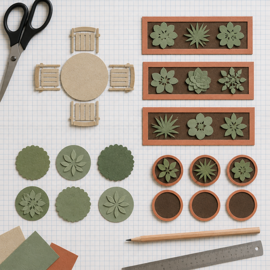 Paper cut-out garden shapes arranged on grid paper