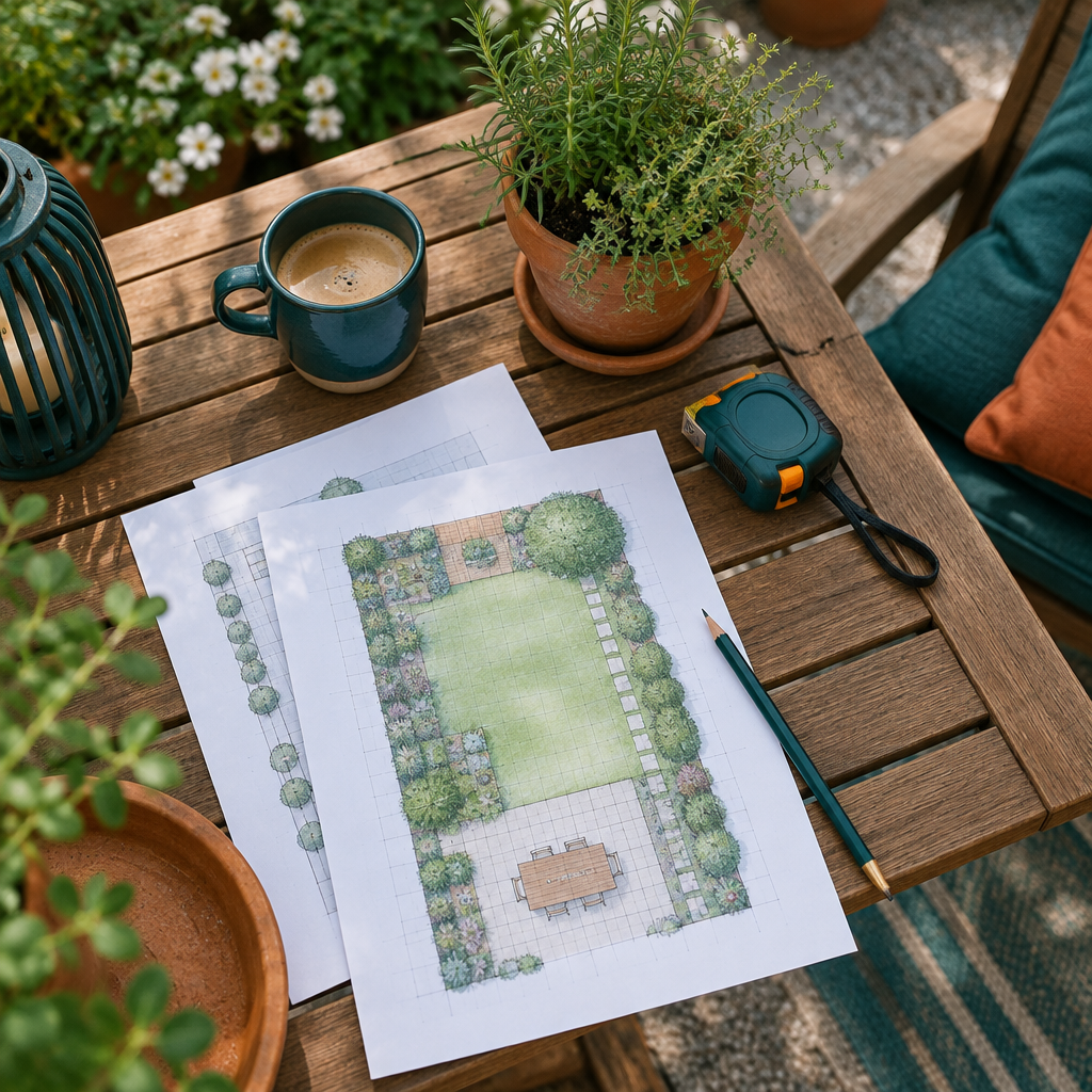 Printed garden plan sheets, pencil and tape measure on a patio table