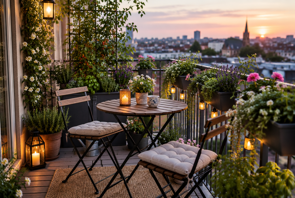 A planted small balcony garden with a bistro set