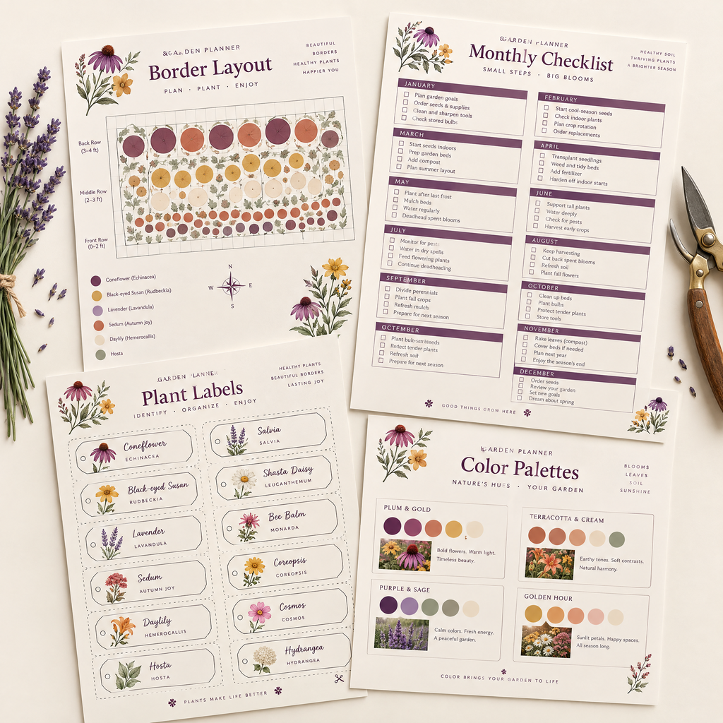 Printable garden planner pages including layout grid, monthly checklist, plant labels and palettes