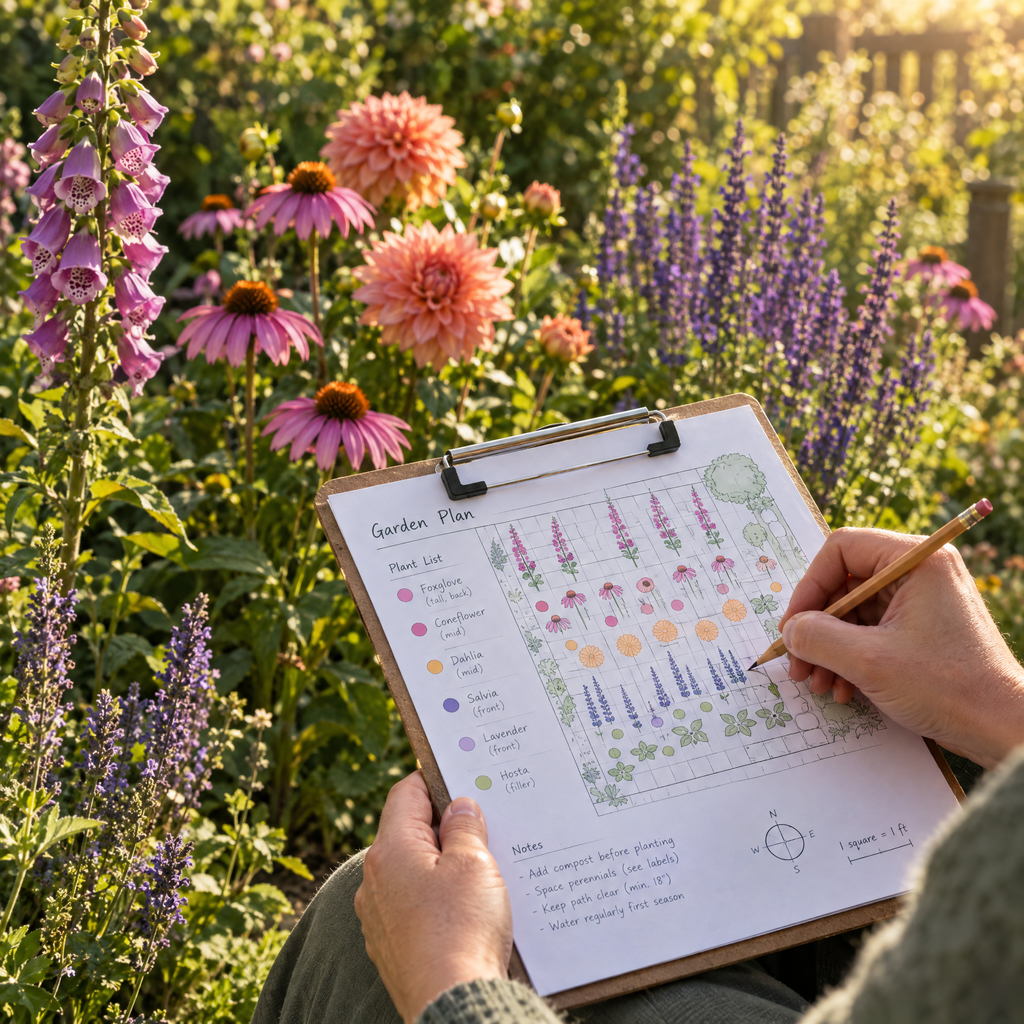Hands filling in a flower garden planner layout page beside a blooming flower border