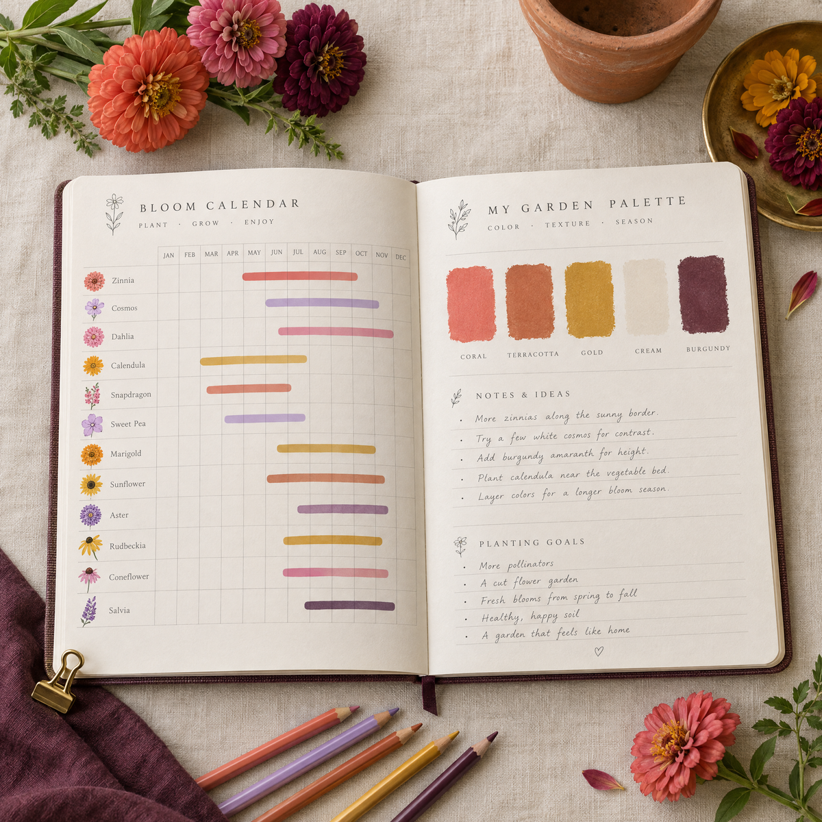 Open flower garden planner showing a bloom calendar and color palette page