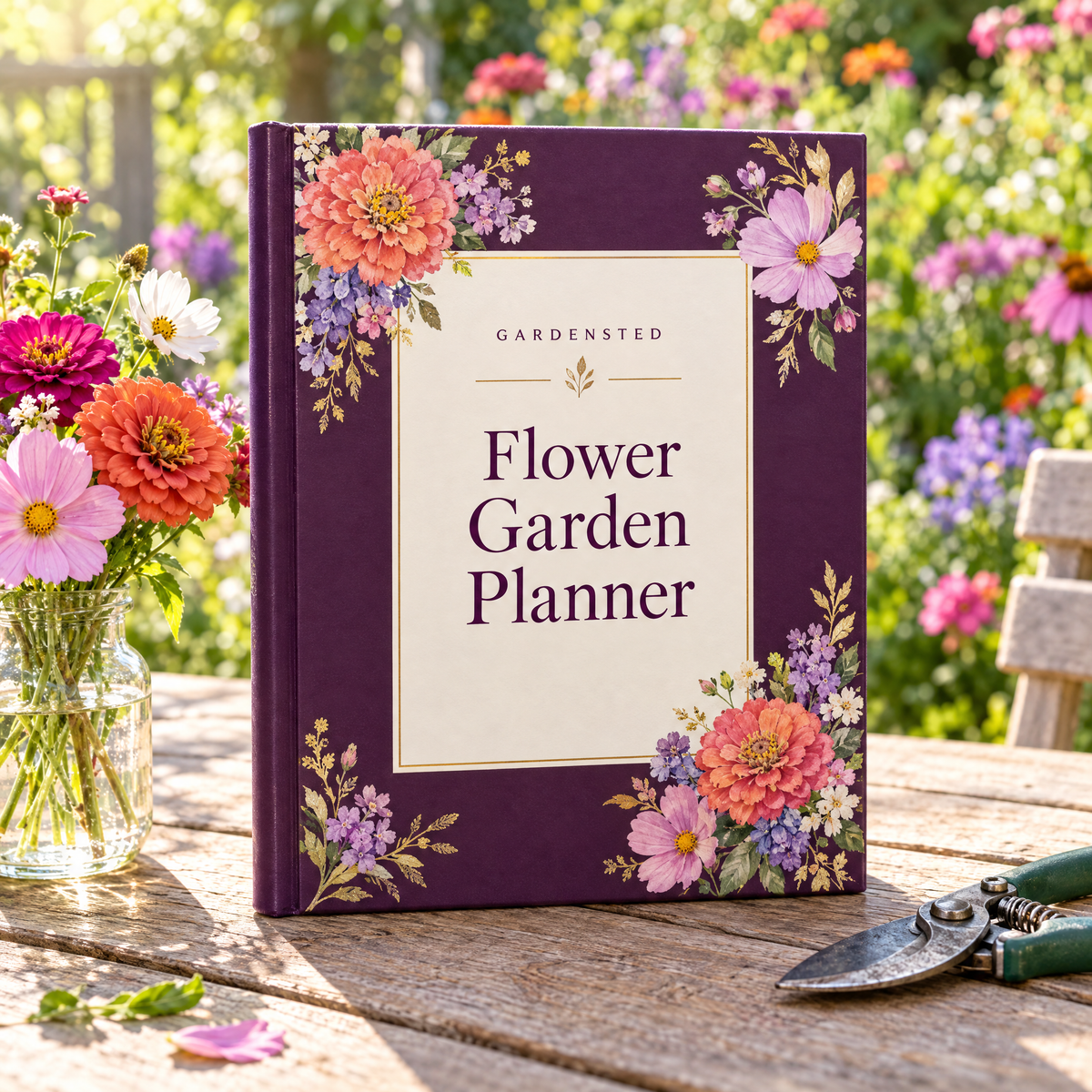 Gardensted Flower Garden Planner printable binder on a garden table with fresh flowers