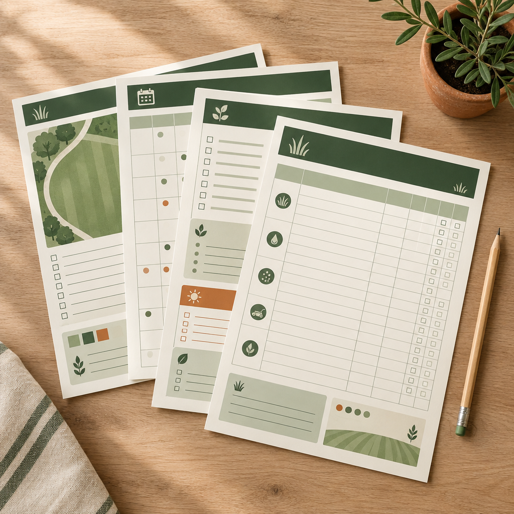 Printed Gardensted Lawn Care Planner pages fanned out on a table, showing monthly checklists and logging tables