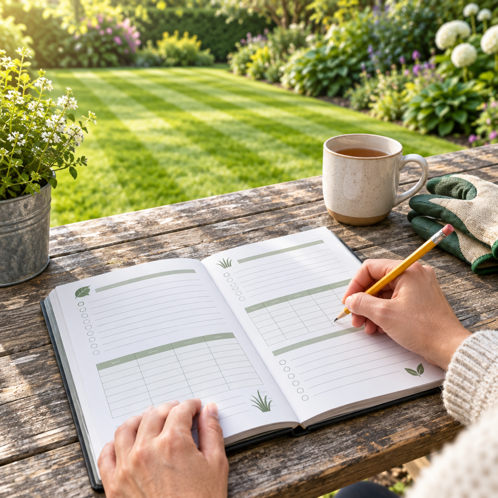 Hands writing in the Lawn Care Planner on a garden table with a green striped lawn behind