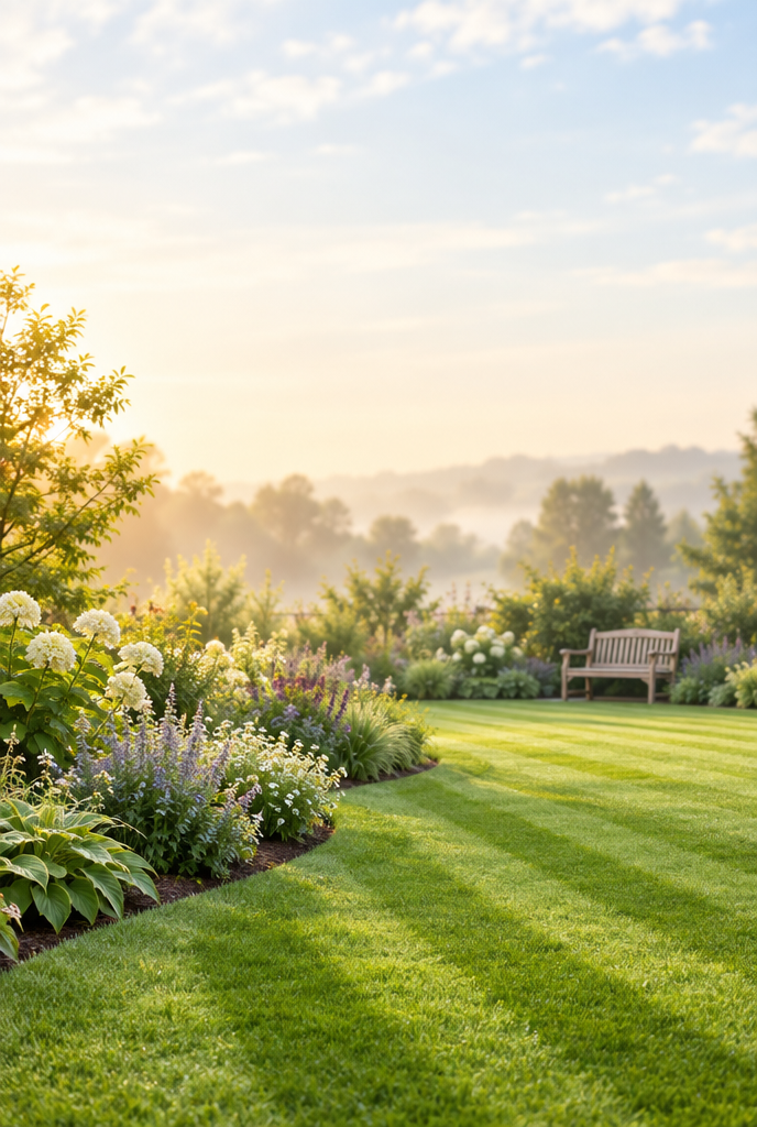 Healthy green striped lawn with a garden bench in soft morning light