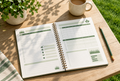 Printed Gardensted Lawn Care Planner open on a wooden table with a pencil and a small plant